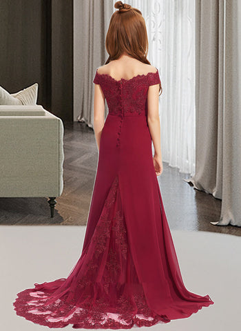 Ainsley Trumpet/Mermaid Off-the-Shoulder Court Train Chiffon Lace Junior Bridesmaid Dress UKP0013330