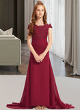 Ainsley Trumpet/Mermaid Off-the-Shoulder Court Train Chiffon Lace Junior Bridesmaid Dress UKP0013330