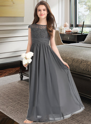 Heidi A-Line Scoop Neck Floor-Length Chiffon Lace Junior Bridesmaid Dress With Ruffle UKP0013331