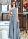 Micaela A-Line One-Shoulder Floor-Length Chiffon Junior Bridesmaid Dress With Ruffle Flower(s) UKP0013332