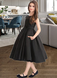 Amirah A-Line Scoop Neck Knee-Length Satin Lace Junior Bridesmaid Dress With Pockets UKP0013335