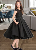 Amirah A-Line Scoop Neck Knee-Length Satin Lace Junior Bridesmaid Dress With Pockets UKP0013335