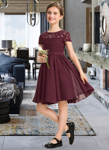 Madeleine A-Line Scoop Neck Knee-Length Chiffon Lace Junior Bridesmaid Dress With Bow(s) UKP0013339