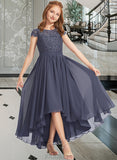 Kierra A-Line Scoop Neck Asymmetrical Chiffon Lace Junior Bridesmaid Dress UKP0013341