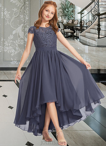 Kierra A-Line Scoop Neck Asymmetrical Chiffon Lace Junior Bridesmaid Dress UKP0013341