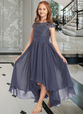 Kierra A-Line Scoop Neck Asymmetrical Chiffon Lace Junior Bridesmaid Dress UKP0013341