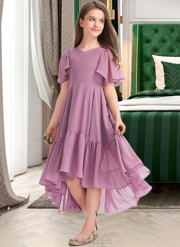 Hailey A-Line V-neck Asymmetrical Chiffon Junior Bridesmaid Dress With Cascading Ruffles UKP0013342