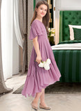 Hailey A-Line V-neck Asymmetrical Chiffon Junior Bridesmaid Dress With Cascading Ruffles UKP0013342