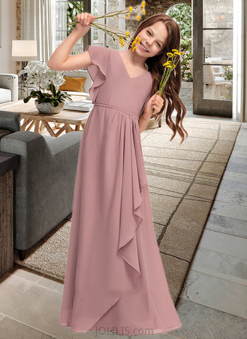 Rosalind A-Line V-neck Floor-Length Chiffon Junior Bridesmaid Dress With Cascading Ruffles UKP0013343