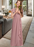 Rosalind A-Line V-neck Floor-Length Chiffon Junior Bridesmaid Dress With Cascading Ruffles UKP0013343