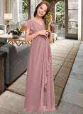 Rosalind A-Line V-neck Floor-Length Chiffon Junior Bridesmaid Dress With Cascading Ruffles UKP0013343