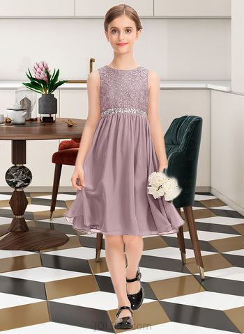 Alanna A-Line Scoop Neck Knee-Length Chiffon Lace Junior Bridesmaid Dress With Beading Bow(s) UKP0013344