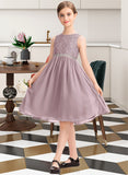 Alanna A-Line Scoop Neck Knee-Length Chiffon Lace Junior Bridesmaid Dress With Beading Bow(s) UKP0013344