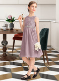 Alanna A-Line Scoop Neck Knee-Length Chiffon Lace Junior Bridesmaid Dress With Beading Bow(s) UKP0013344