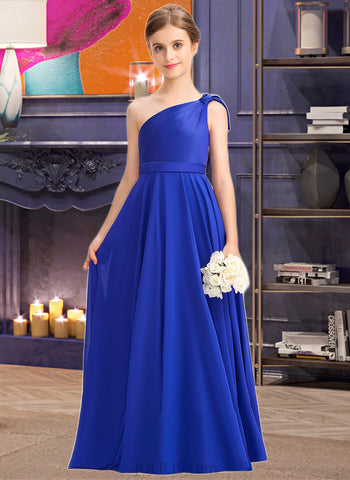 Yazmin A-Line One-Shoulder Floor-Length Chiffon Charmeuse Junior Bridesmaid Dress With Ruffle UKP0013347