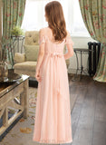 Marian A-Line V-neck Floor-Length Chiffon Junior Bridesmaid Dress With Ruffle Bow(s) UKP0013349