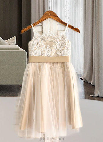 Jaqueline A-Line Square Neckline Knee-Length Tulle Junior Bridesmaid Dress With Sash Bow(s) UKP0013351