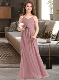 Sharon A-Line V-neck Floor-Length Chiffon Junior Bridesmaid Dress With Ruffle UKP0013354