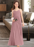 Sharon A-Line V-neck Floor-Length Chiffon Junior Bridesmaid Dress With Ruffle UKP0013354