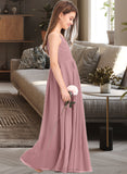 Sharon A-Line V-neck Floor-Length Chiffon Junior Bridesmaid Dress With Ruffle UKP0013354