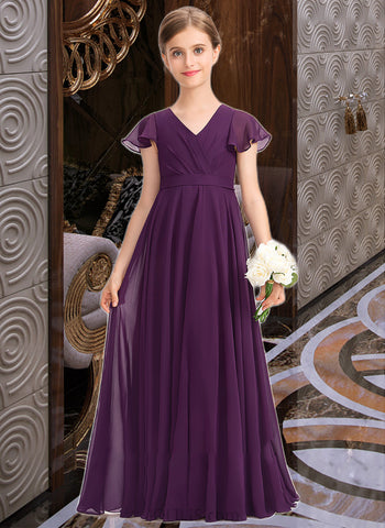 Jaylynn A-Line V-neck Floor-Length Chiffon Junior Bridesmaid Dress With Bow(s) Cascading Ruffles UKP0013355