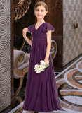 Jaylynn A-Line V-neck Floor-Length Chiffon Junior Bridesmaid Dress With Bow(s) Cascading Ruffles UKP0013355