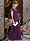 Jaylynn A-Line V-neck Floor-Length Chiffon Junior Bridesmaid Dress With Bow(s) Cascading Ruffles UKP0013355