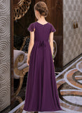 Jaylynn A-Line V-neck Floor-Length Chiffon Junior Bridesmaid Dress With Bow(s) Cascading Ruffles UKP0013355