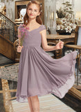 Cristina A-Line V-neck Knee-Length Chiffon Lace Junior Bridesmaid Dress With Ruffle UKP0013358