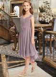 Cristina A-Line V-neck Knee-Length Chiffon Lace Junior Bridesmaid Dress With Ruffle UKP0013358