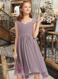 Cristina A-Line V-neck Knee-Length Chiffon Lace Junior Bridesmaid Dress With Ruffle UKP0013358