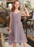 Cristina A-Line V-neck Knee-Length Chiffon Lace Junior Bridesmaid Dress With Ruffle UKP0013358