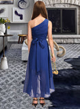 Rhoda A-Line One-Shoulder Asymmetrical Chiffon Junior Bridesmaid Dress With Bow(s) Ruffles UKP0013363