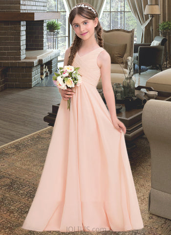 Chloe A-Line V-neck Floor-Length Chiffon Junior Bridesmaid Dress With Ruffle UKP0013368