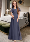 Arielle A-Line V-neck Floor-Length Chiffon Junior Bridesmaid Dress With Ruffle Bow(s) UKP0013369