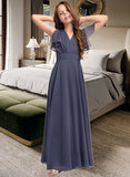 Arielle A-Line V-neck Floor-Length Chiffon Junior Bridesmaid Dress With Ruffle Bow(s) UKP0013369