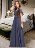 Arielle A-Line V-neck Floor-Length Chiffon Junior Bridesmaid Dress With Ruffle Bow(s) UKP0013369