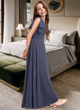 Arielle A-Line V-neck Floor-Length Chiffon Junior Bridesmaid Dress With Ruffle Bow(s) UKP0013369