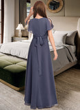 Arielle A-Line V-neck Floor-Length Chiffon Junior Bridesmaid Dress With Ruffle Bow(s) UKP0013369