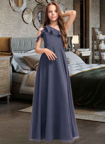 Londyn A-Line One-Shoulder Floor-Length Chiffon Junior Bridesmaid Dress With Cascading Ruffles UKP0013370