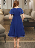 London A-Line Scoop Neck Knee-Length Chiffon Junior Bridesmaid Dress With Bow(s) UKP0013372