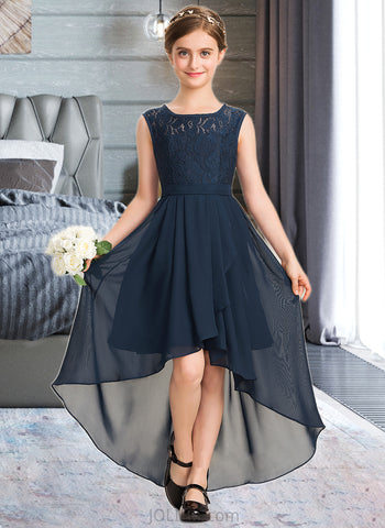 Aiyana A-Line Scoop Neck Asymmetrical Chiffon Lace Junior Bridesmaid Dress With Bow(s) Cascading Ruffles UKP0013373