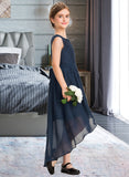 Aiyana A-Line Scoop Neck Asymmetrical Chiffon Lace Junior Bridesmaid Dress With Bow(s) Cascading Ruffles UKP0013373