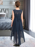 Aiyana A-Line Scoop Neck Asymmetrical Chiffon Lace Junior Bridesmaid Dress With Bow(s) Cascading Ruffles UKP0013373