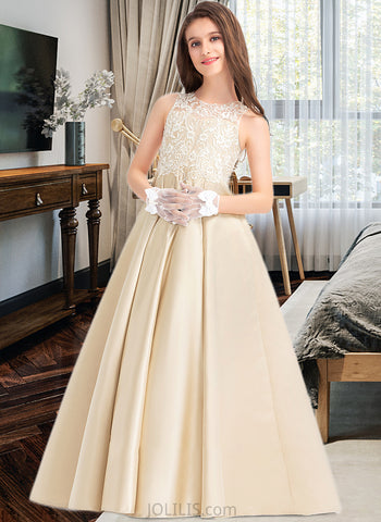 Alice Ball-Gown/Princess Scoop Neck Floor-Length Satin Lace Junior Bridesmaid Dress UKP0013374