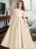 Alice Ball-Gown/Princess Scoop Neck Floor-Length Satin Lace Junior Bridesmaid Dress UKP0013374