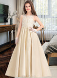 Alice Ball-Gown/Princess Scoop Neck Floor-Length Satin Lace Junior Bridesmaid Dress UKP0013374