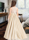 Alice Ball-Gown/Princess Scoop Neck Floor-Length Satin Lace Junior Bridesmaid Dress UKP0013374