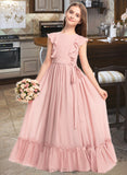 Julia A-Line Scoop Neck Floor-Length Chiffon Junior Bridesmaid Dress With Bow(s) Cascading Ruffles UKP0013375