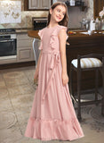 Julia A-Line Scoop Neck Floor-Length Chiffon Junior Bridesmaid Dress With Bow(s) Cascading Ruffles UKP0013375